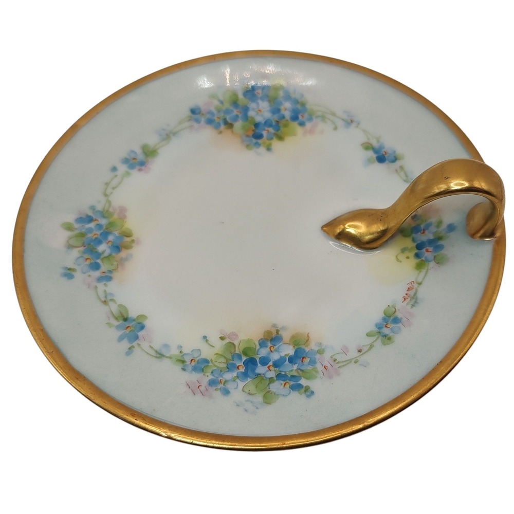 Antique‎ Bavaria Nappy Lemon Dish Blue Hand Painted Floral Gold Trim Handle SEE